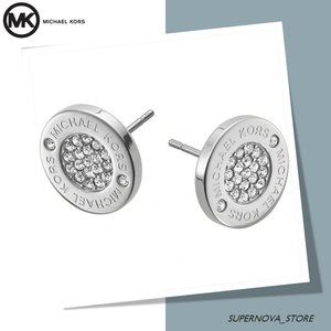 MICHAEL KORS ROUND PLAQUE PAVE CRYSTALS STUDS SILVER STEEL EARRINGS $75 GIFT BOX